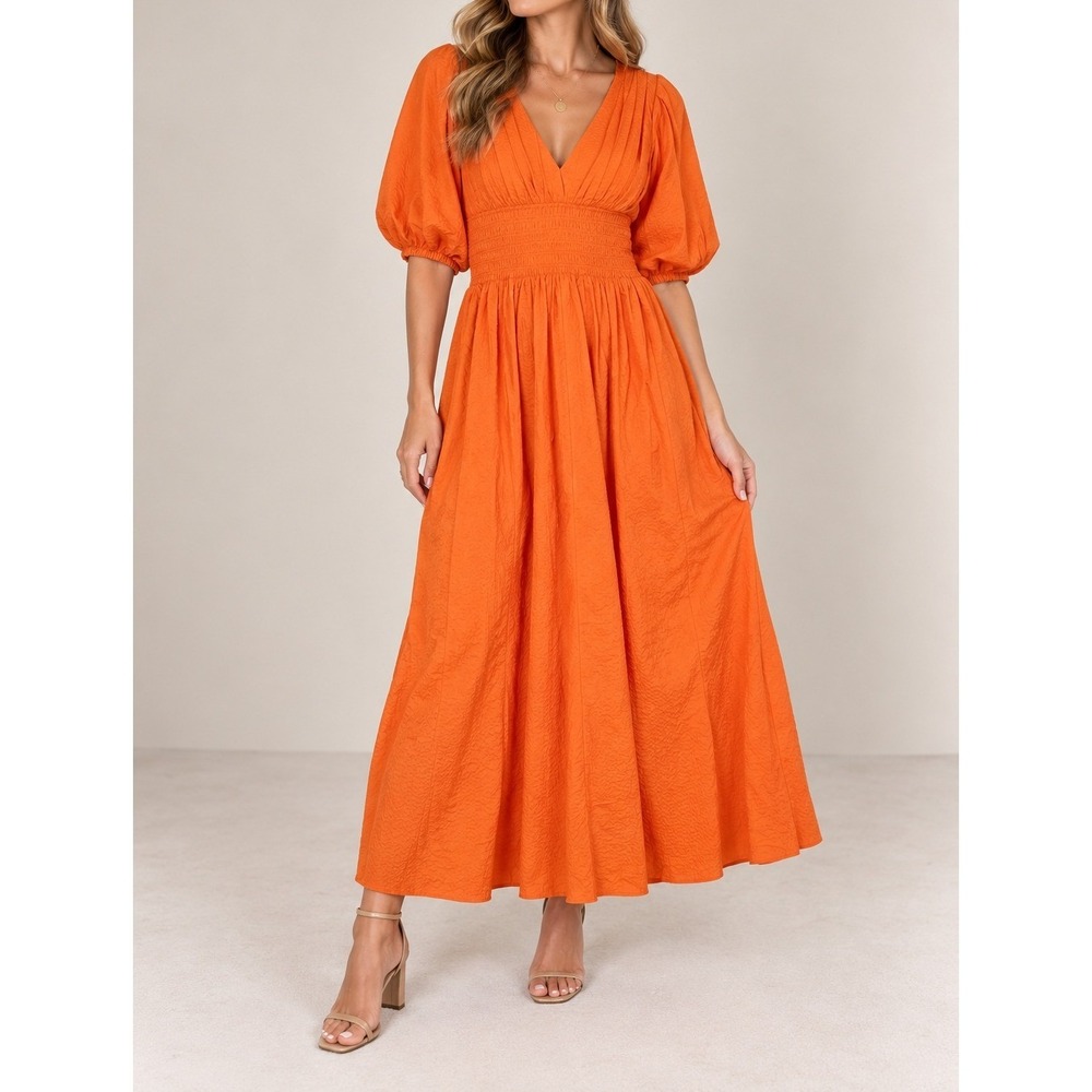 AYR Extra Extra Maxi Dress Orange Cotton Seersucker Smocked Waist Large